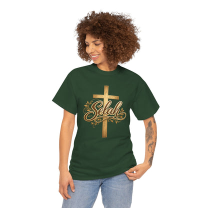 Selah Cross Tee — Women's Christian T‑Shirt with Gold Script