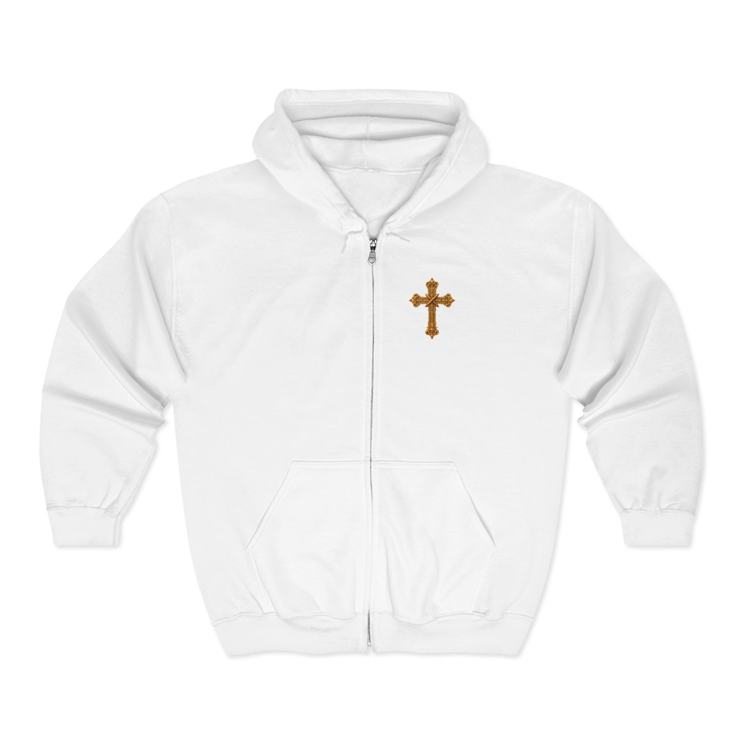 Men’s Ornate Gold Cross Zip-Up Hoodie – Spiritual Elegance & Comfort