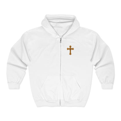 Men’s Ornate Gold Cross Zip-Up Hoodie – Spiritual Elegance & Comfort