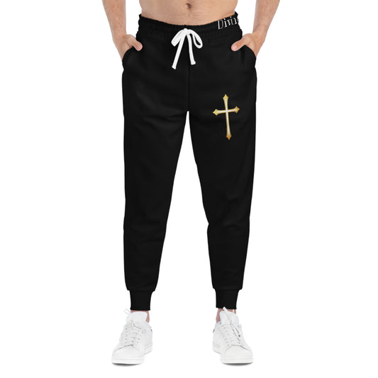 Men’s Modern Gold Cross Jogger Pants in Black – Comfortable Faith-Inspired Style