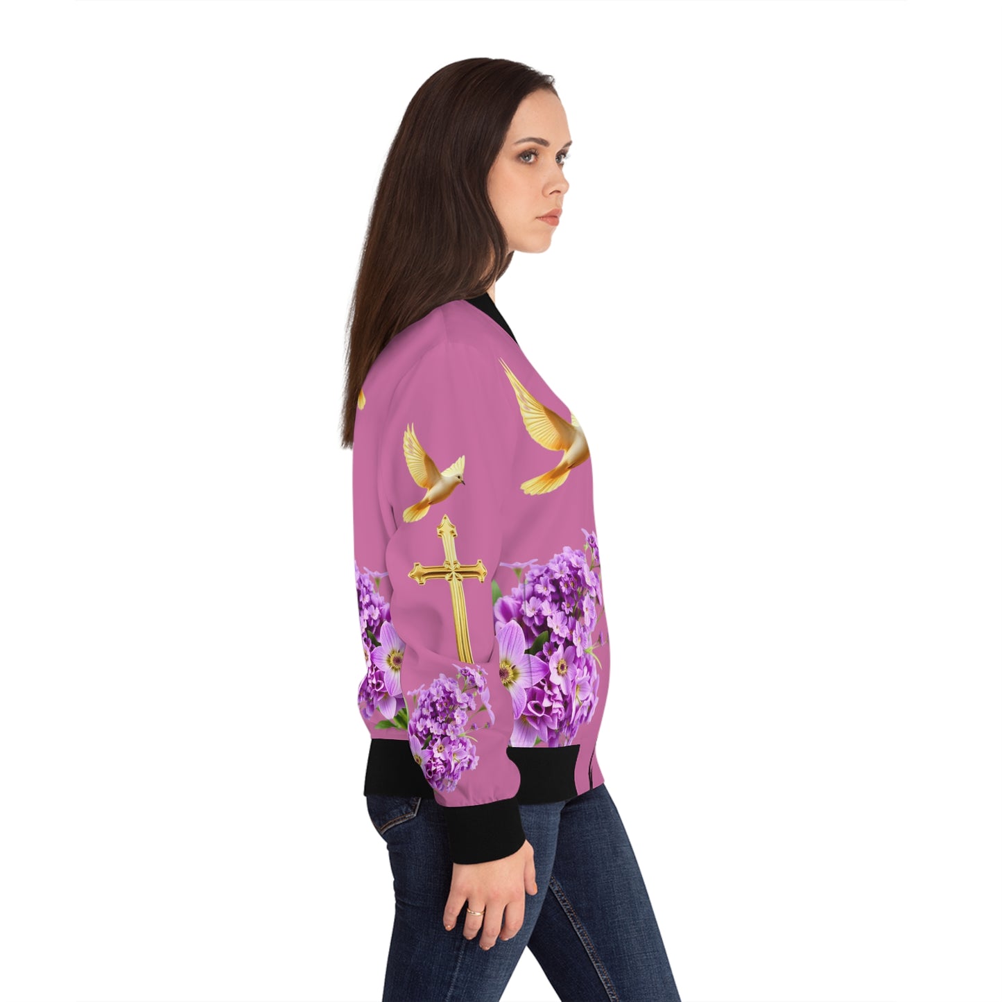 Heavenly Ascent – Gold Cross & Doves Women’s Bomber Jacket in Pink