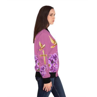 Heavenly Ascent – Gold Cross & Doves Women’s Bomber Jacket in Pink