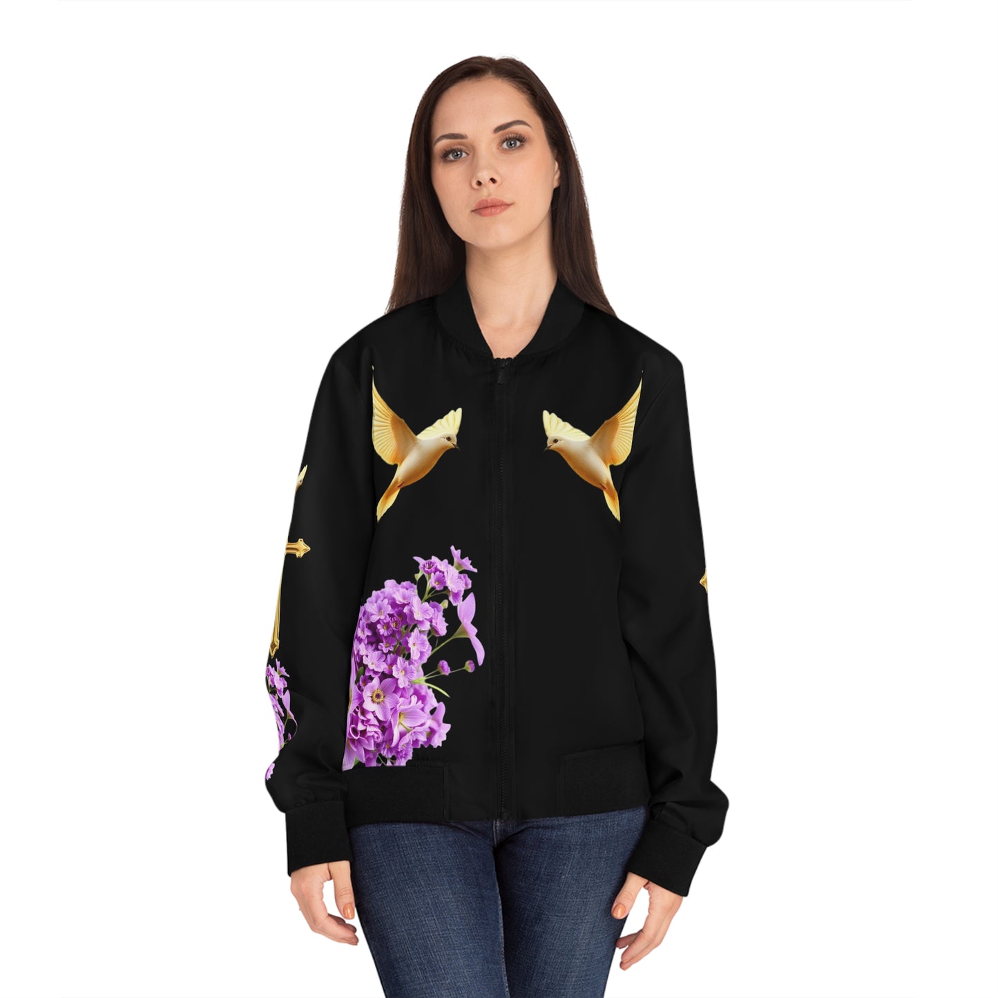 Heavenly Ascent – Gold Cross & Doves Women’s Bomber Jacket in Black