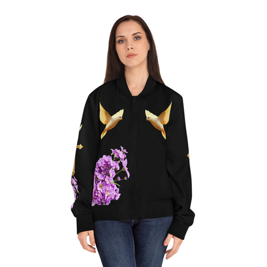 Heavenly Ascent – Gold Cross & Doves Women’s Bomber Jacket in Black