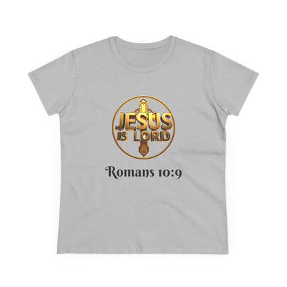 Women’s Romans 10:9 Christian T-Shirt – Jesus Is Lord & He Is Risen (Dark Lettering)