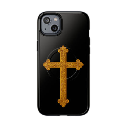 Gold Cross on Black Magnetic Tough Case for iPhone – Strength in Faith