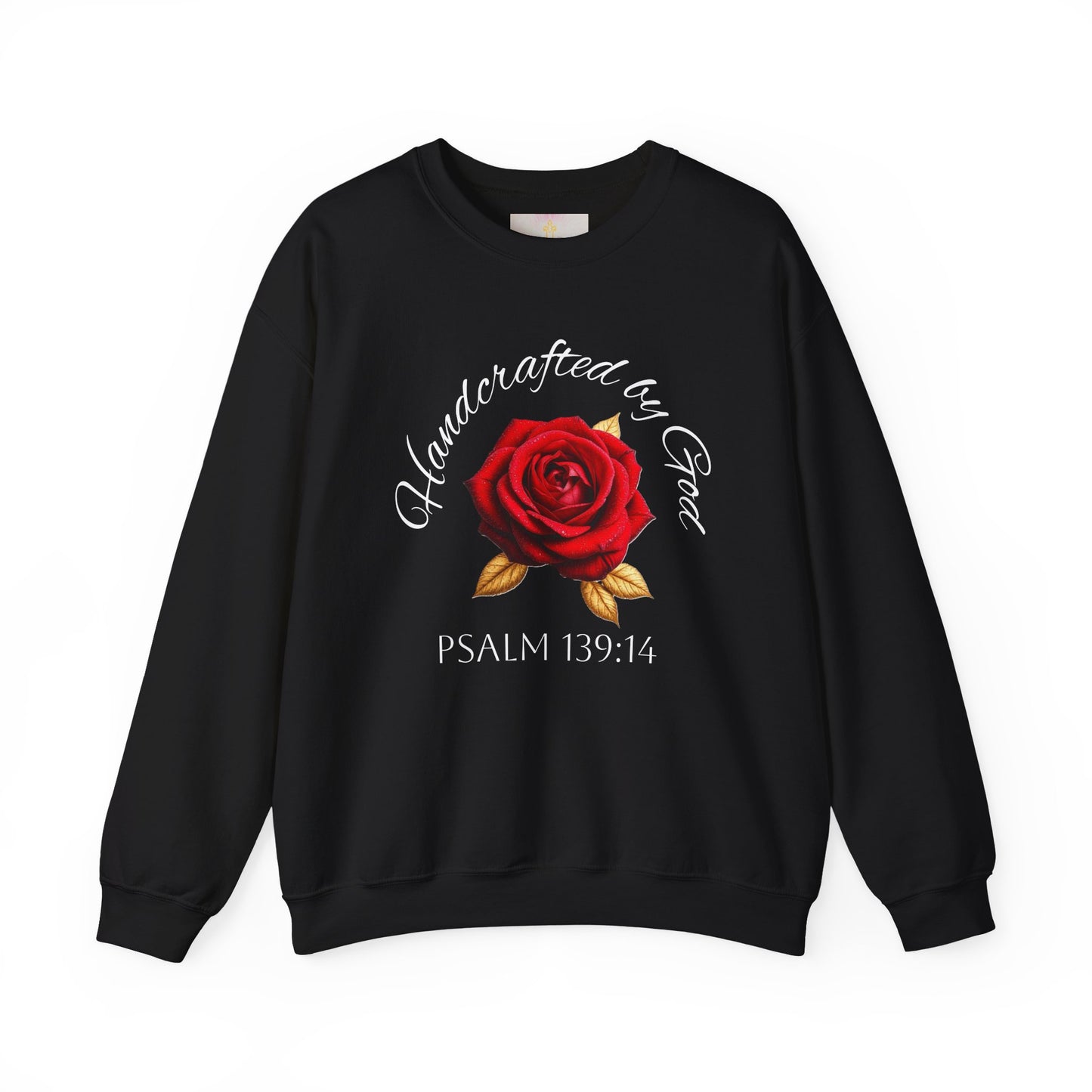 Handcrafted by God Rose Sweatshirt – White Lettering, Psalm 139:14