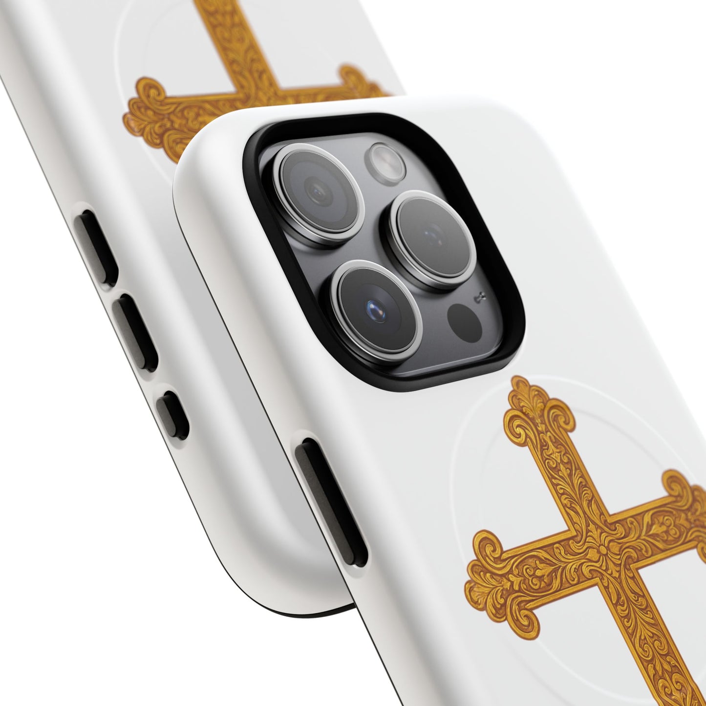 Gold Cross on White Magnetic Tough Case for iPhone – Strength in Faith