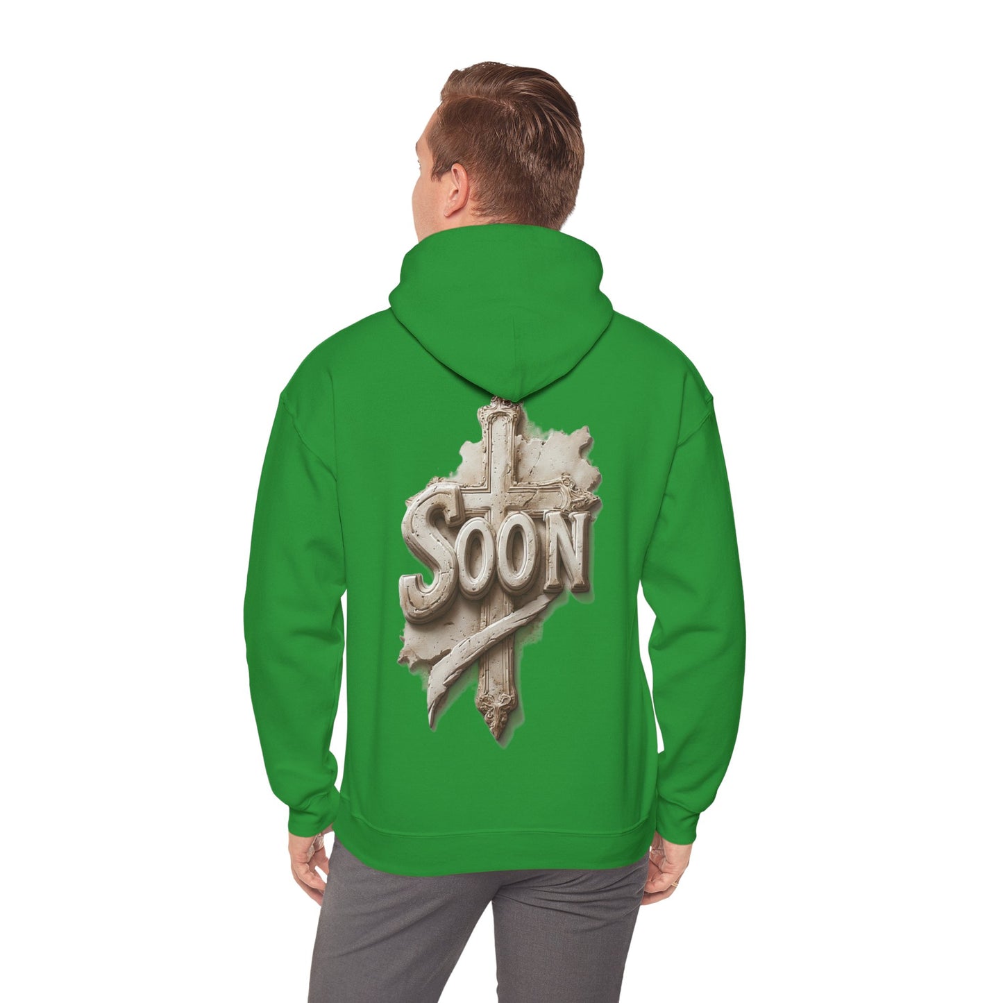 “Soon” Cross Men’s Hoodie – Back Print Faith Statement
