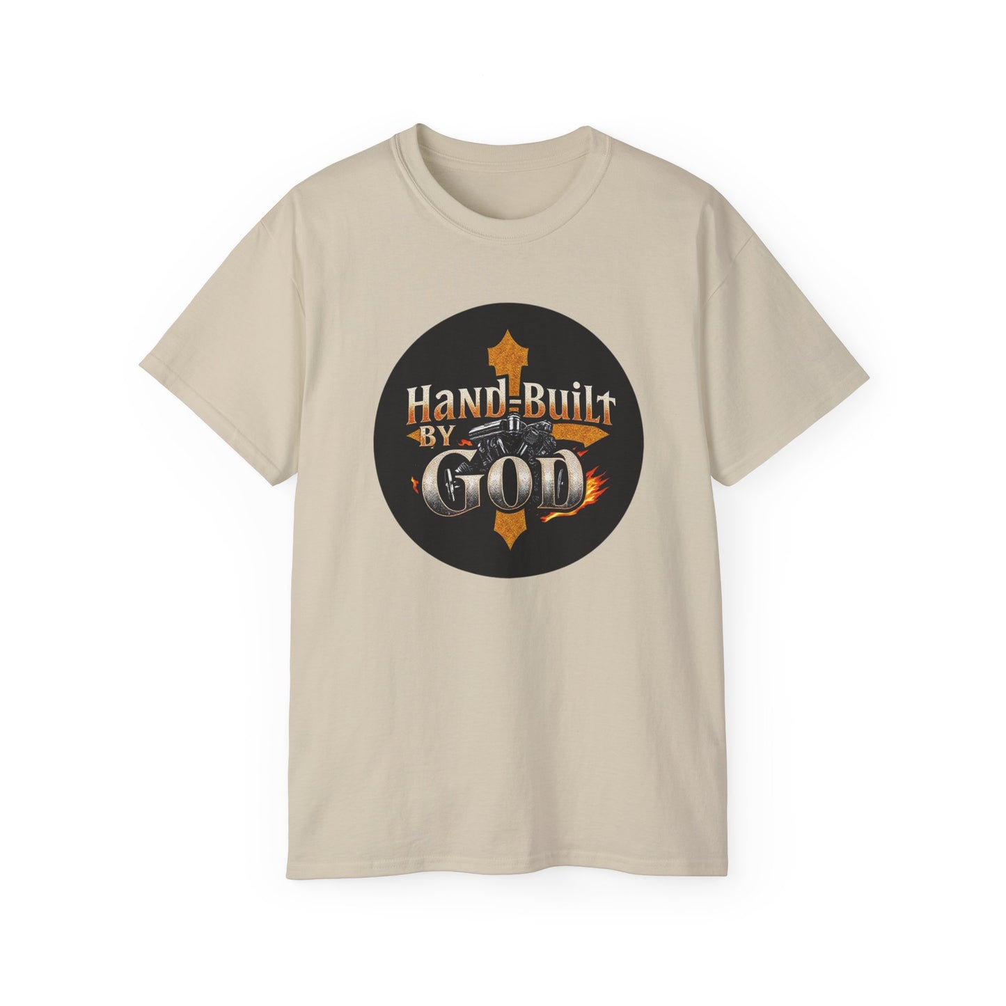 Hand Built by God Men’s Christian Tee – Cross & Engine Design