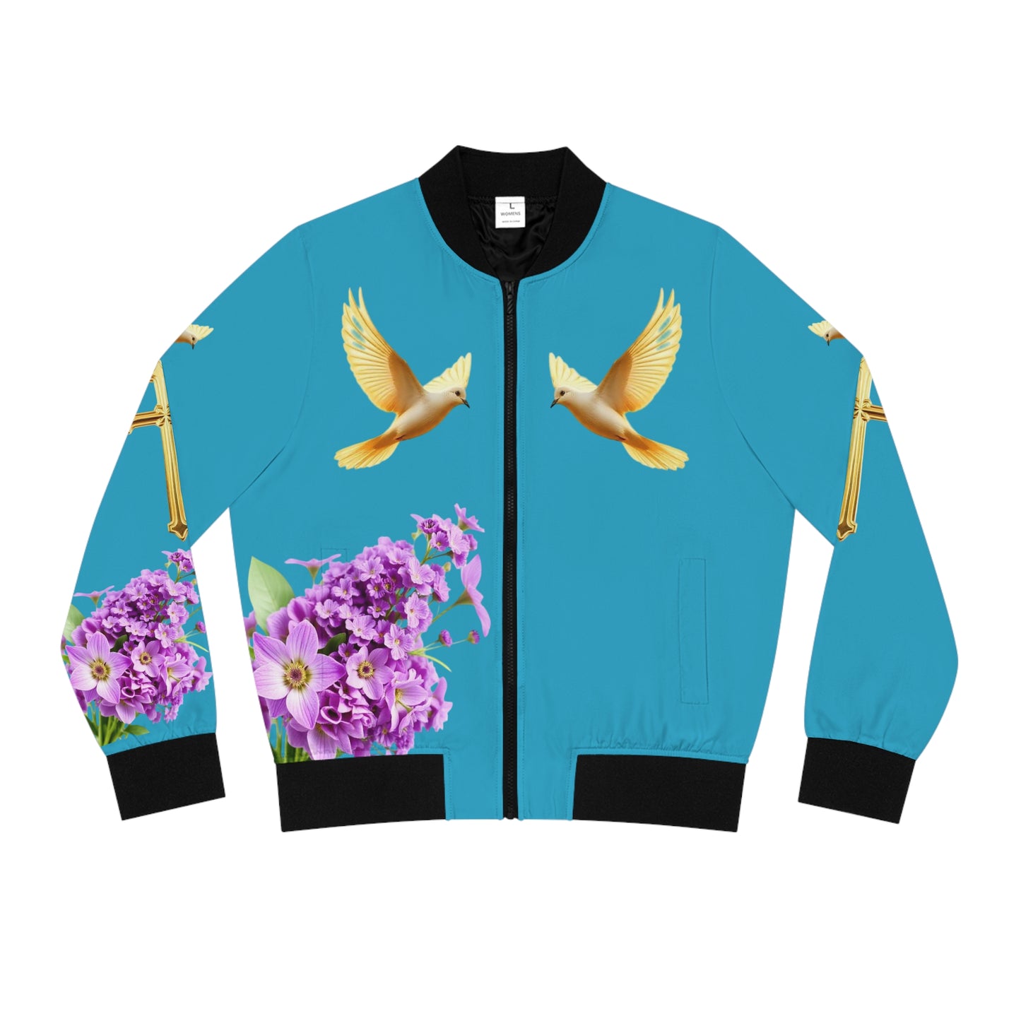 Heavenly Ascent – Gold Cross & Doves Women’s Bomber Jacket in Turquoise