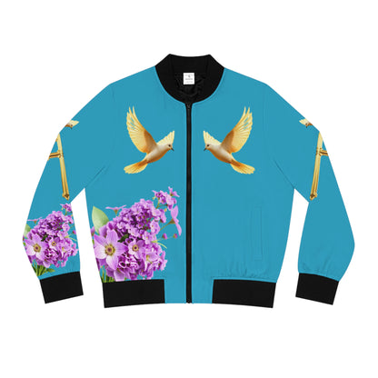 Heavenly Ascent – Gold Cross & Doves Women’s Bomber Jacket in Turquoise
