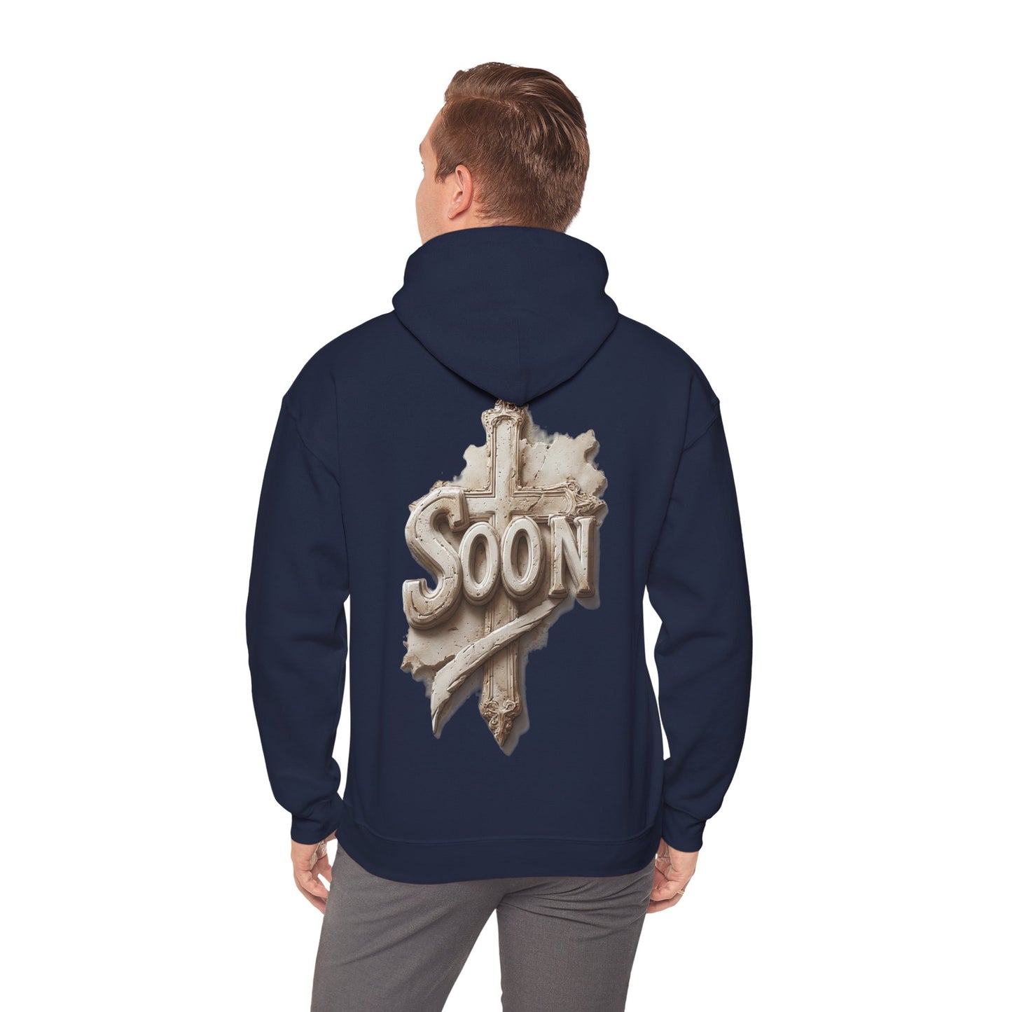 “Soon” Cross Men’s Hoodie – Back Print Faith Statement
