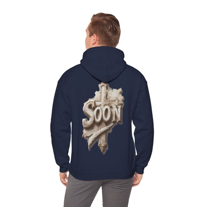 “Soon” Cross Men’s Hoodie – Back Print Faith Statement