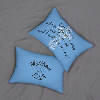 Matthew 11:28 Lumbar Pillow – Rest for the Weary (Literally in blue!)