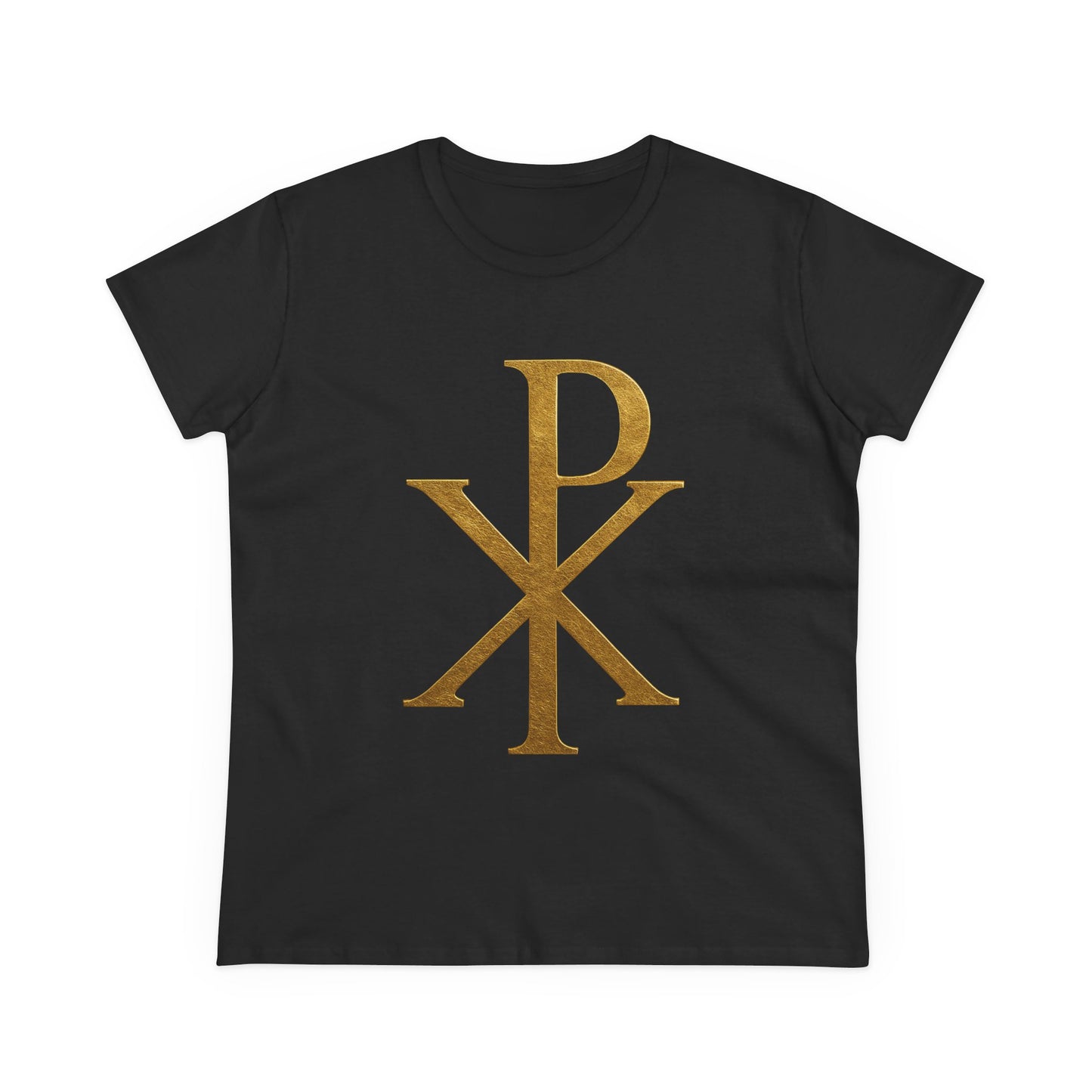 Radiant Redeemer – Women’s Gold Chi Rho Christian Tee