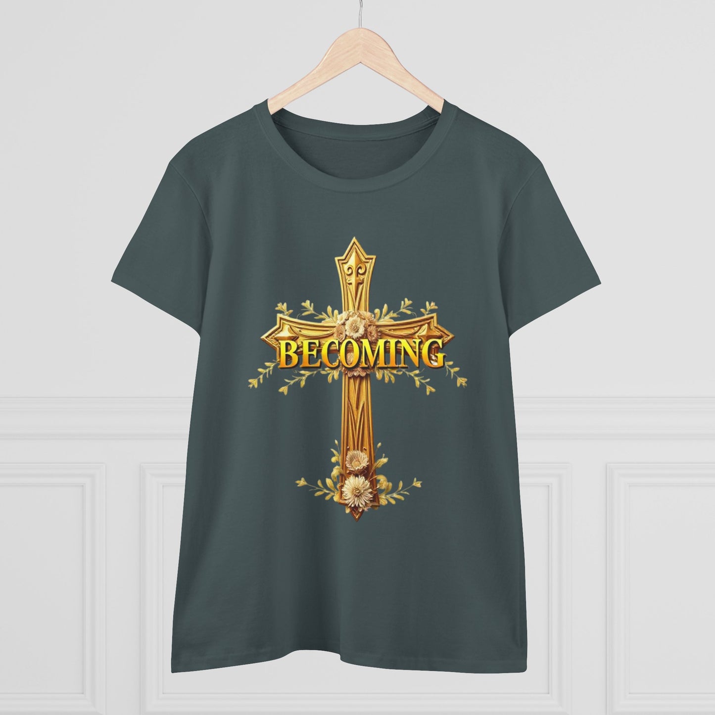 Becoming Women’s Faith Tee – Gold Cross Edition (Light Lettering, 1 Corinthians 15:49)