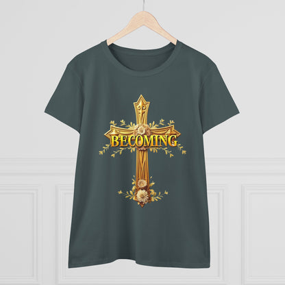 Becoming Women’s Faith Tee – Gold Cross Edition (Light Lettering, 1 Corinthians 15:49)