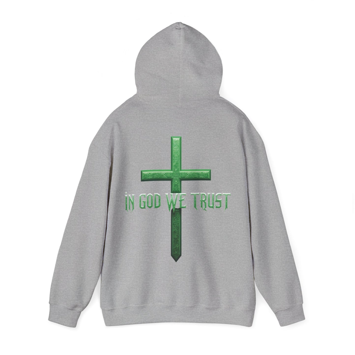 Sheltered in His Strength – Women’s “In God We Trust” Christian Hoodie with Cross