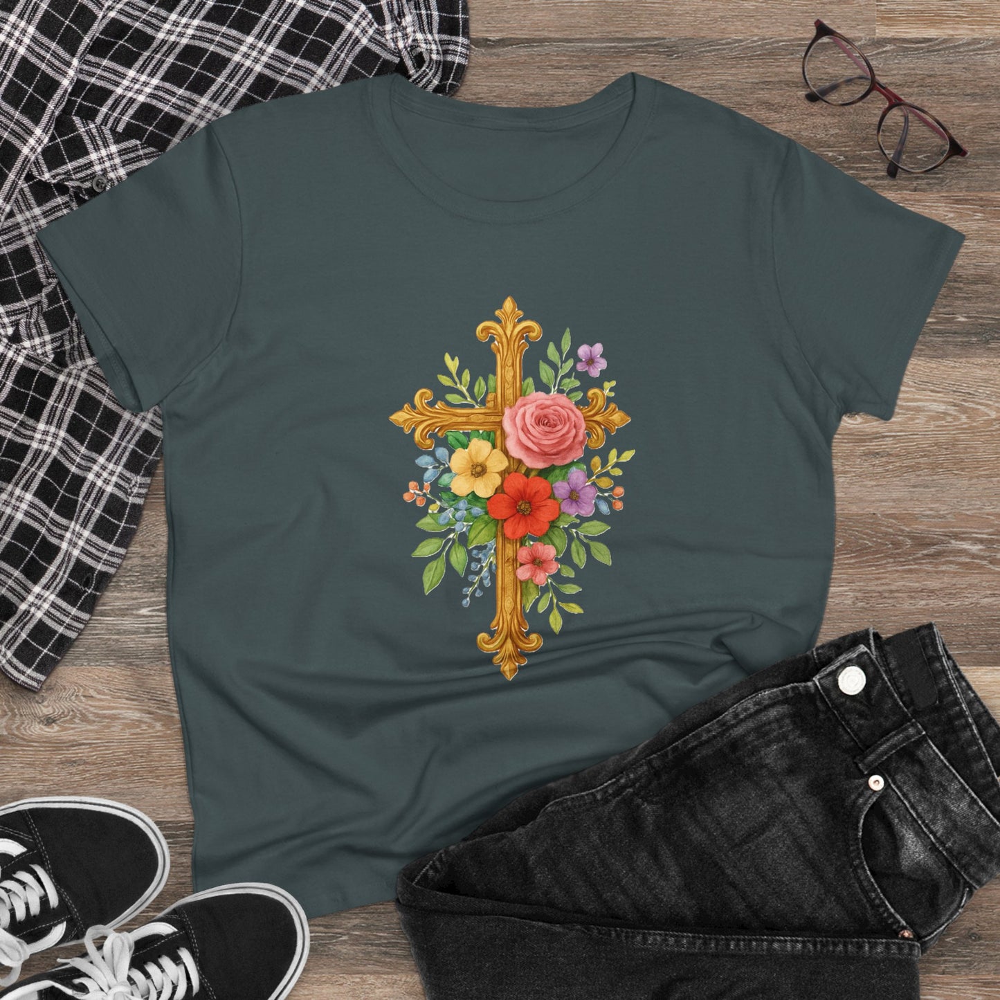 Radiant Floral Cross Women’s T-Shirt – Faith & Beauty in Bloom