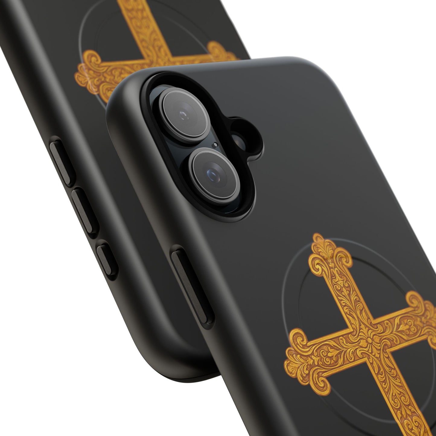 Gold Cross on Black Magnetic Tough Case for iPhone – Strength in Faith