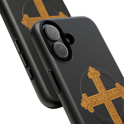 Gold Cross on Black Magnetic Tough Case for iPhone – Strength in Faith