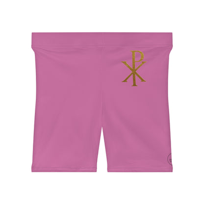 Chi Rho Women’s Biking Christian Shorts in Pink – Strength and Victory in Christ