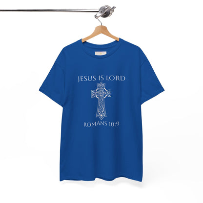 Jesus Is Lord – Romans 10:9 Men’s Bold Faith Tee (White Lettering)
