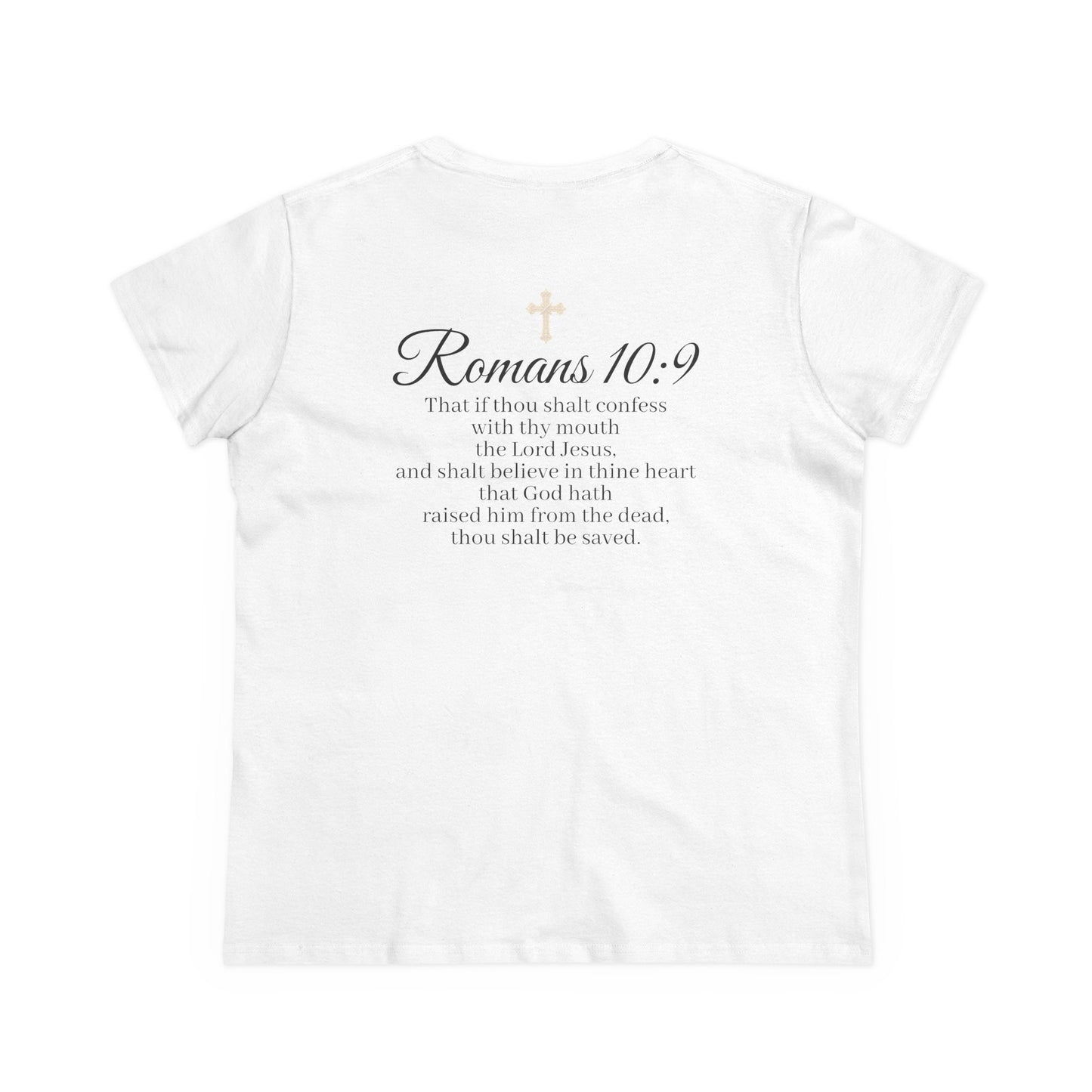 Believe – Women’s Christian Tee with Praying Hands & Romans 10:9