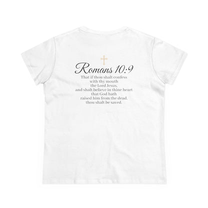 Believe – Women’s Christian Tee with Praying Hands & Romans 10:9
