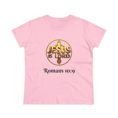 Women’s Romans 10:9 Christian T-Shirt – Jesus Is Lord & He Is Risen (Dark Lettering)