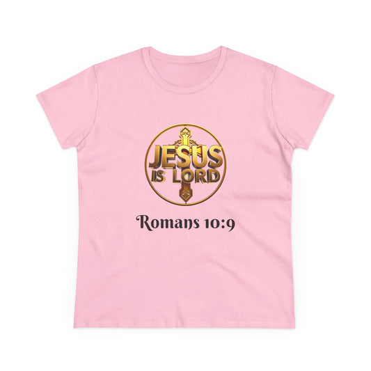 Women’s Romans 10:9 Christian T-Shirt – Jesus Is Lord & He Is Risen (Dark Lettering)