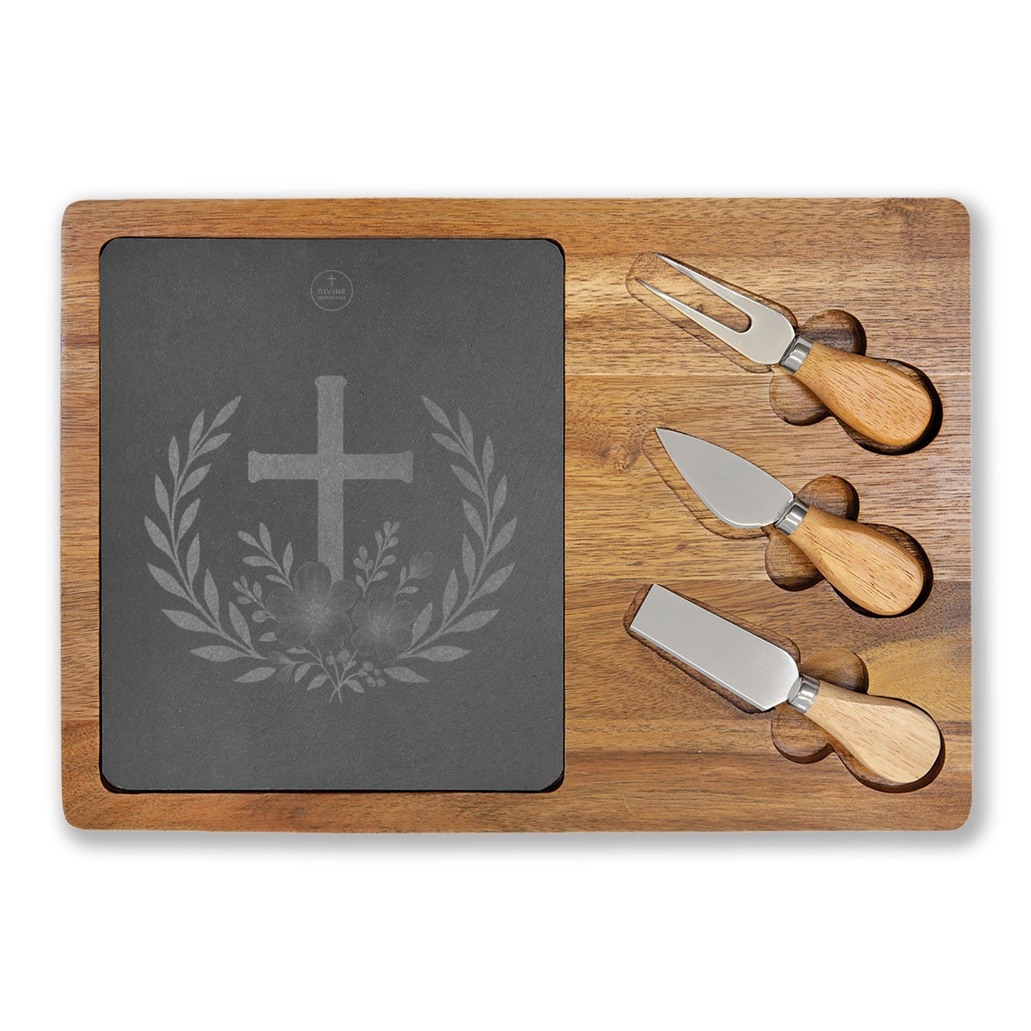 Faith & Grace Charcuterie Board – Cross with Laurel & Flowers