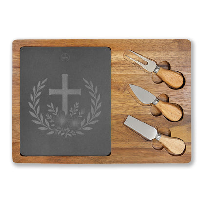 Faith & Grace Charcuterie Board – Cross with Laurel & Flowers