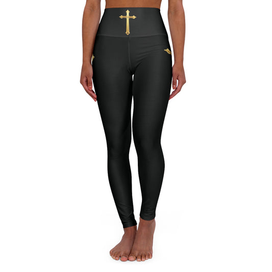 Gold Cross Women’s High-Waisted Yoga Leggings in Black – Symbol of Eternal Victory