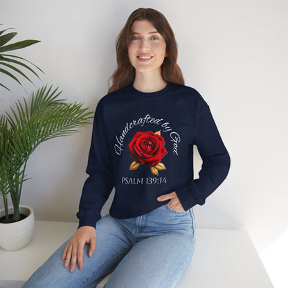 Handcrafted by God Rose Sweatshirt – White Lettering, Psalm 139:14