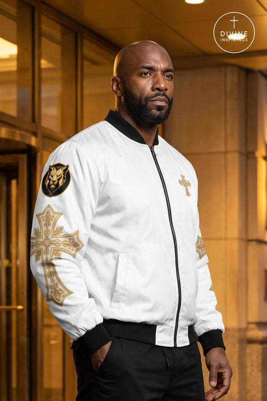 A man wearing a white bomber jacket with gold embroidered crosses, a lion patch on the right sleeve, and a gold cross on the left chest, standing in front of a warm-toned building entrance.
