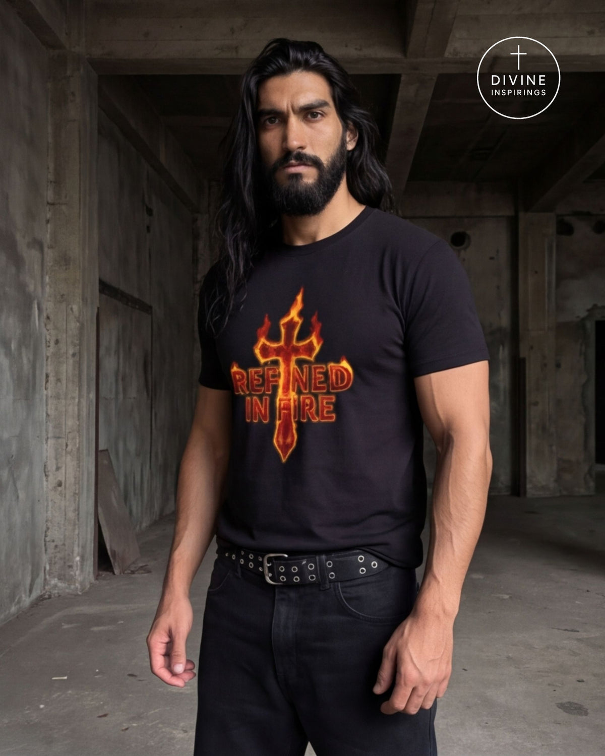 A man with long dark hair and a beard stands in an industrial concrete building wearing a black graphic t-shirt. The shirt features a stylized orange and yellow cross with the words 'REFINED IN FIRE' printed on the front.