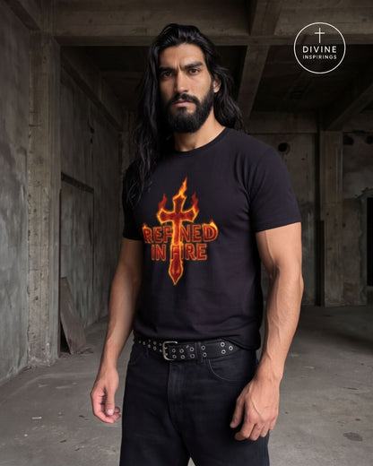 A man with long dark hair and a beard stands in an industrial concrete building wearing a black graphic t-shirt. The shirt features a stylized orange and yellow cross with the words 'REFINED IN FIRE' printed on the front.