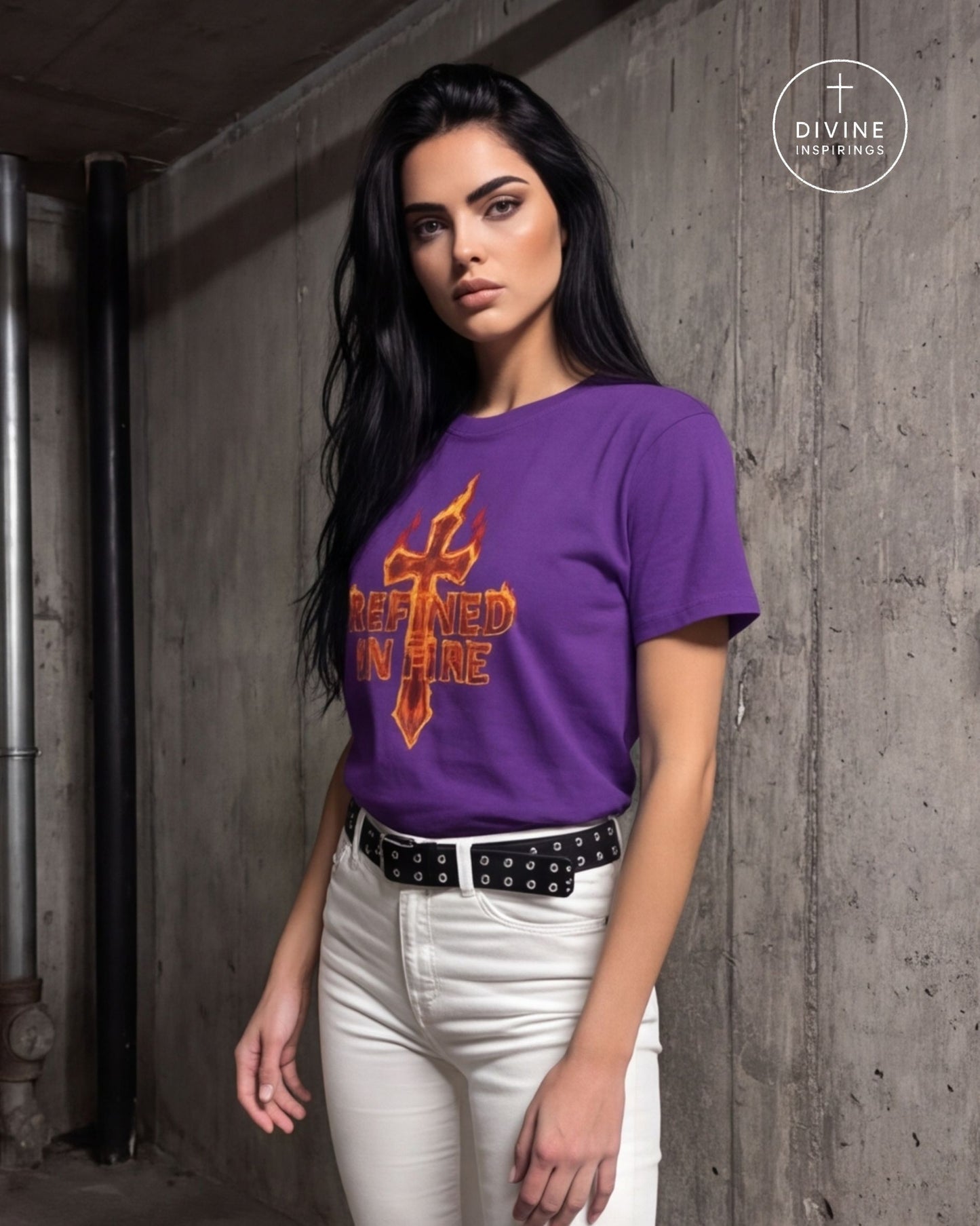 A woman wearing a purple short-sleeve graphic t-shirt with an orange cross and 'REFINED IN FIRE' text, paired with white pants and a black studded belt, standing against a concrete wall. A Divine Inspirings logo is visible in the top right corner.