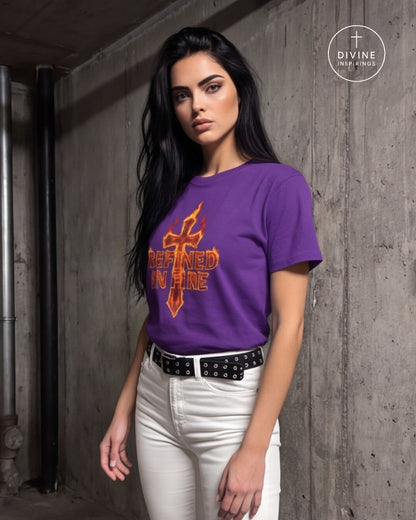 A woman wearing a purple short-sleeve graphic t-shirt with an orange cross and 'REFINED IN FIRE' text, paired with white pants and a black studded belt, standing against a concrete wall. A Divine Inspirings logo is visible in the top right corner.
