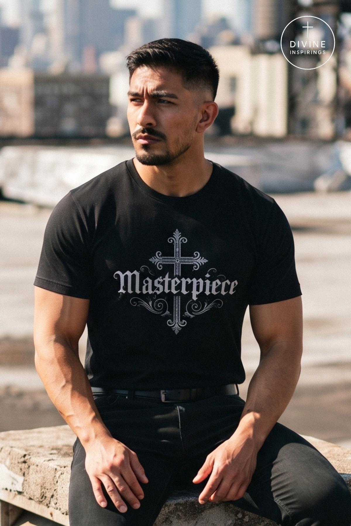 A man wearing a black t-shirt with a white gothic-style cross and the word 'Masterpiece' printed on the front, sitting outdoors on a stone ledge with a blurred city background. A 'DIVINE INSPIRINGS' logo is visible in the top right corner.