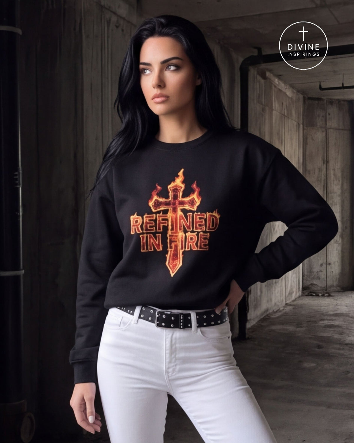 A woman wearing a black crewneck sweatshirt with a graphic of a flaming cross and the text 'REFINED IN FIRE' in orange and yellow. She is also wearing white pants and a black studded belt, standing in a dark concrete tunnel.