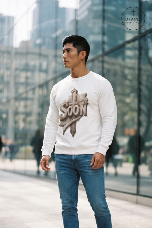 A man wearing a white crewneck sweatshirt with a brown graphic print that says 'SOON' and blue jeans, standing in front of a modern glass building. A circular 'DIVINE INSPIRINGS' logo is visible in the top right corner.