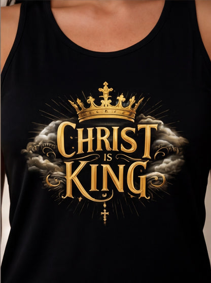 Black tank top with 'Christ is King' text and crown design.
