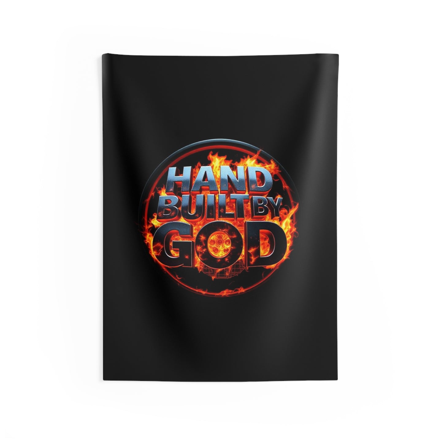 Hand Built By God – Fiery Black Indoor Wall Tapestry