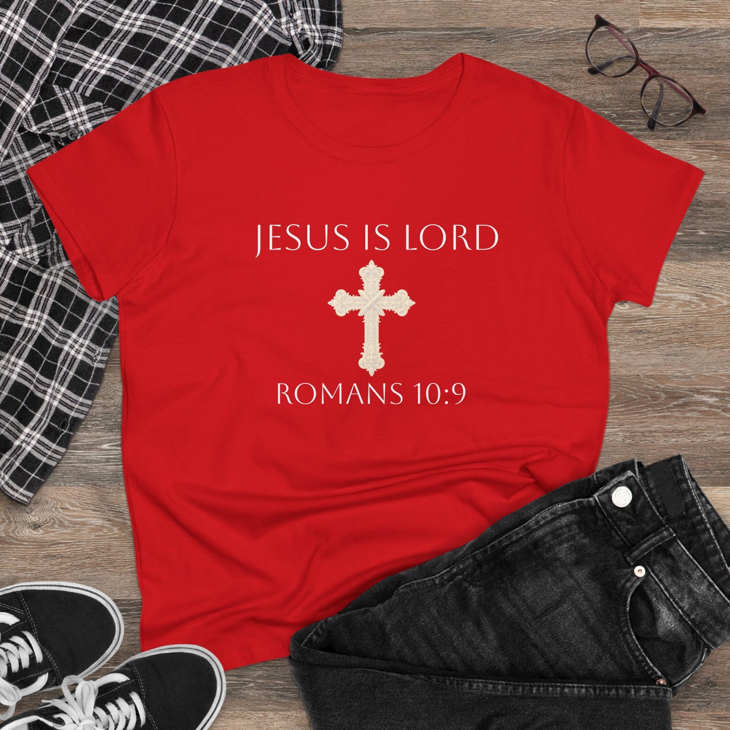 Gracefully Bold – Women’s Softstyle Jesus Is Lord Tee (Romans 10:9) (White Lettering)