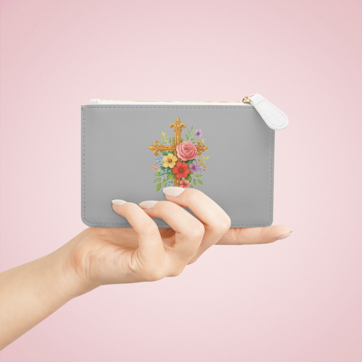 Blooming Faith Black Mini Clutch in Grey – Floral Cross Accent