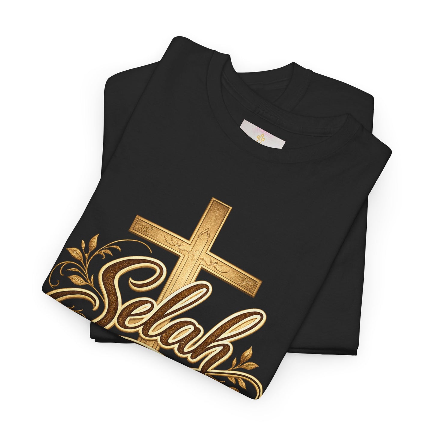 Selah Cross Tee — Women's Christian T‑Shirt with Gold Script
