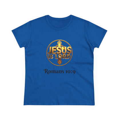 Women’s Romans 10:9 Christian T-Shirt – Jesus Is Lord & He Is Risen (Dark Lettering)